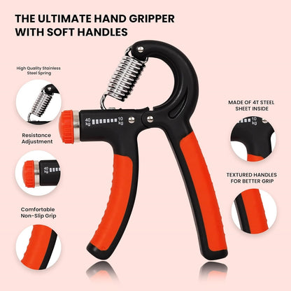 Premium Hand Grip Strengthener, Hand Exerciser Adjustable Resistance 10 To 40Kg, Grip Strength Trainer, Hand Gripper, Forearm Workout Training Equipment for Injury Recovery Athletes (Orange & Black)