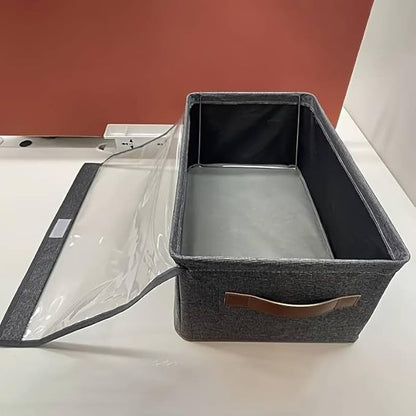 Folding Storage Boxes with Lid, Large Clear Collapsible Stackable Storage Boxes Foldable Fabric Linen Storage Box Cubes, Closet Organizer Baskets with Labels for Home