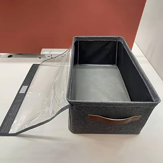 Folding Storage Boxes with Lid, Large Clear Collapsible Stackable Storage Boxes Foldable Fabric Linen Storage Box Cubes, Closet Organizer Baskets with Labels for Home